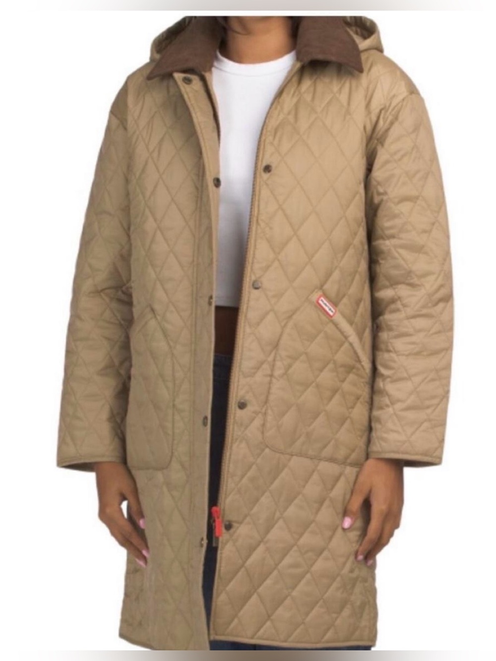 NWT Hunter Tan Long Quilted Jacket with Brown Corduroy Collar